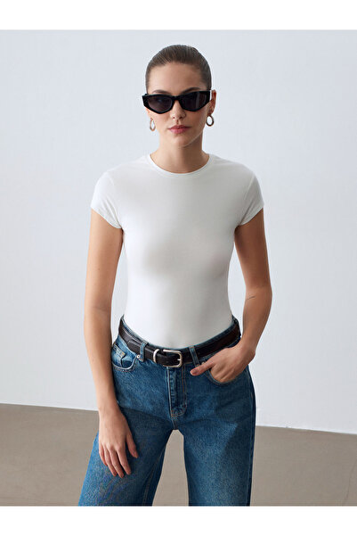 Dilvin 32761 Μπλουζάκι με λαιμόκοψη ποδηλάτου-Εκρού