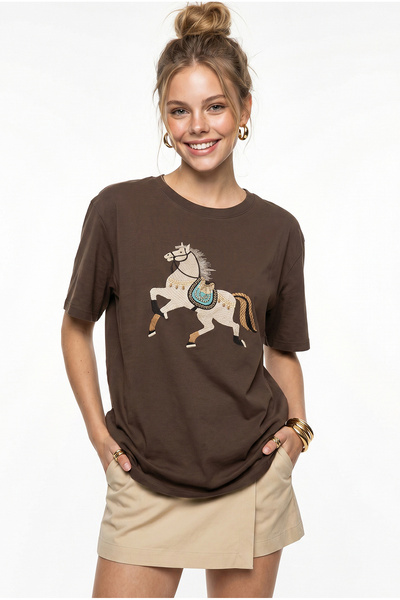 Bianco Lucci Γυναικείο T-Shirt Oversize με Κέντημα Φιγούρας και Λεπτομέρεια α...