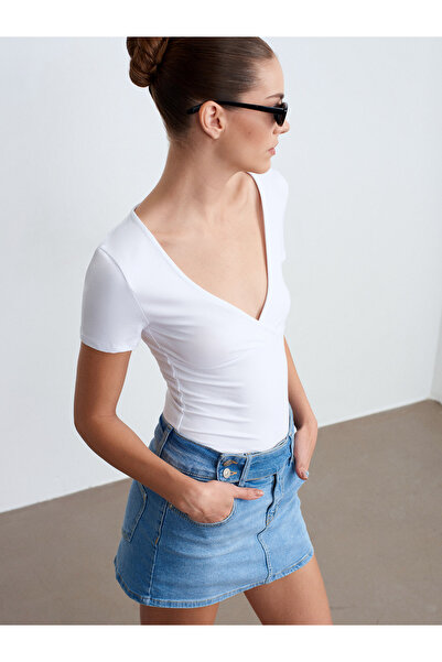 Dilvin 72308 Τζιν σορτς με λεπτομέρεια ζώνης-Μπλε