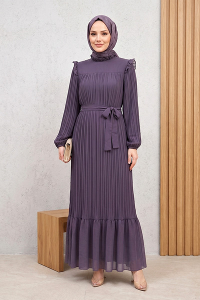 FERHEL Γυναικείο φόρεμα με βολάν στους ώμους και στη φούστα, με πιέτες και φό...