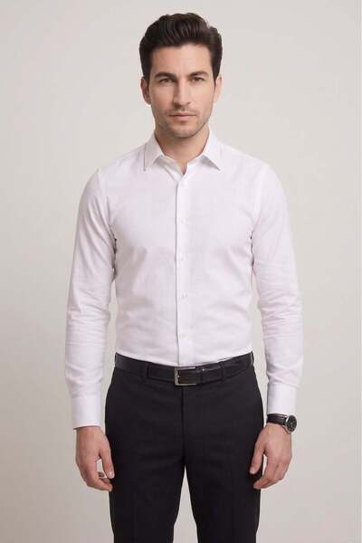 Efor Erkek Slim Fit İtalyan Yaka Pamuklu Düz Beyaz Gömlek GK 762