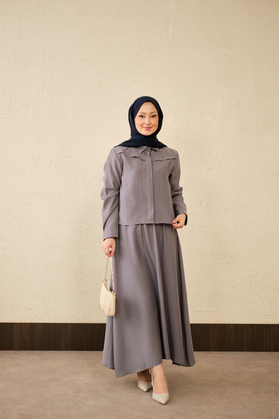 LOCCO Women's Front Hidden Button Detail Short Shirt Set Gray