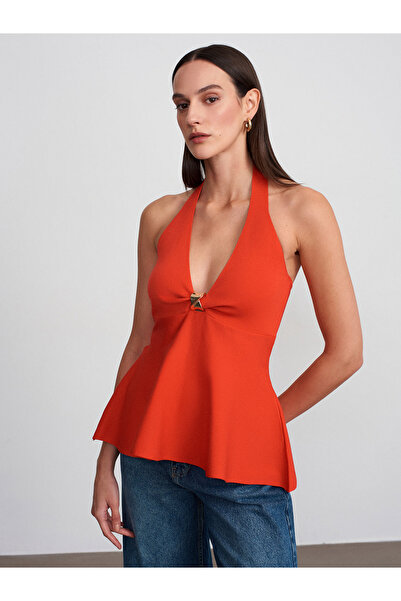 Dilvin 10787 Πλεκτή Μπλούζα με Λαιμόκοψη Halter και Πεπλάμ - Κόκκινο