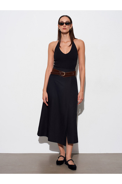 Dilvin 81076 Φούστα μίντι με ζώνη-Μαύρο