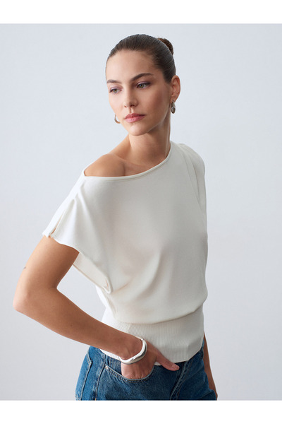 Dilvin 10870 Μπλούζα από μείγμα λυοσέλ με ντραπέ σχέδιο-εκρού