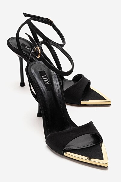 Lizy Shoes Γυναικεία μαύρα σατέν κομψά βραδινά σανδάλια με λεπτό τακούνι και ...