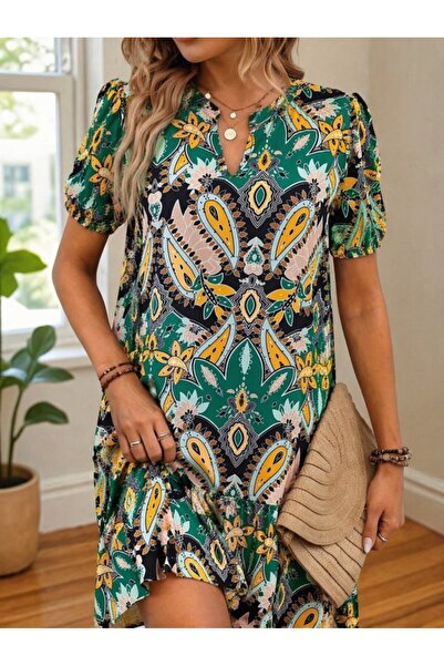 DRESSIFY WOMEN’S FASHION Γυναικείο κοντομάνικο φόρεμα με λαιμόκοψη V και σχέδ...