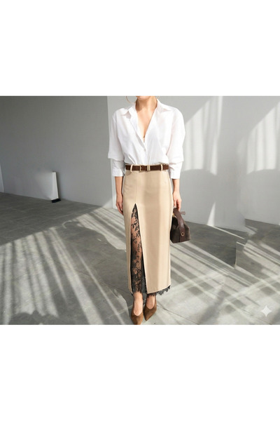 solena sln Γυναικεία Μπεζ Δαντελένια Φούστα με Σχισμή και Λεπτομέρειες από Μα...