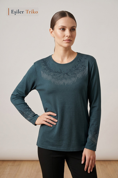 Eşiler Triko Women's Emerald Yakamoz Patterned Collar and Sleeves Embroidered...