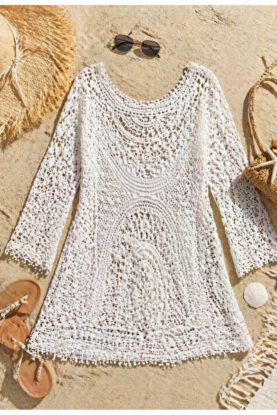 Nobrand Λευκό κροσέ φόρεμα παραλίας – με ανοιχτή πλάτη, ενιαίο μέγεθος (S/M/L)