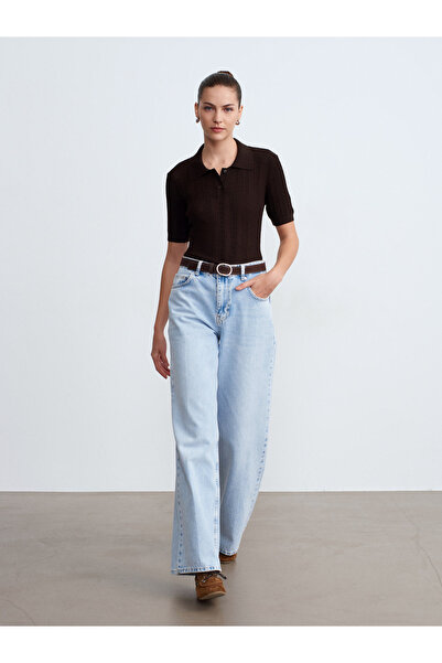 Dilvin 72288 100% βαμβακερό τζιν με φαρδιά μπατζάκια και ζώνη - Μπλε