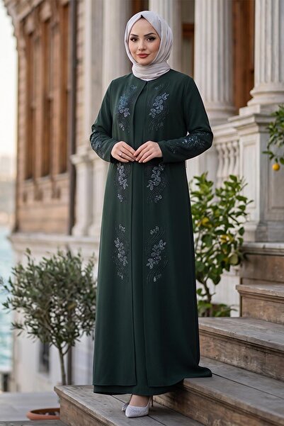 hafsamina Floral Stone Embroidered Stylish Hijab Mother Dress Khaki Hm2905