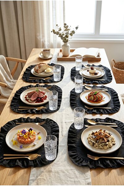 YUNUSOĞLU HOME Βαμβακερό Σετ Τετράγωνων Πιάτων με Βολάν 6 τεμαχίων, Αμερικάνι...