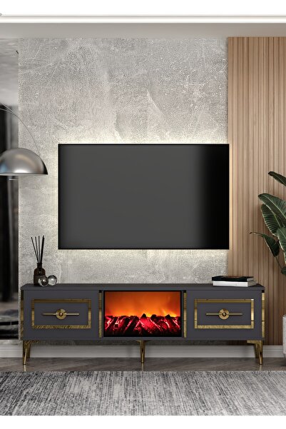 DEMONTE DECOR TV0069-TXA150DD-32 ŞÖMİNELİ TV SEHPASI ANTRASİT-ALTIN