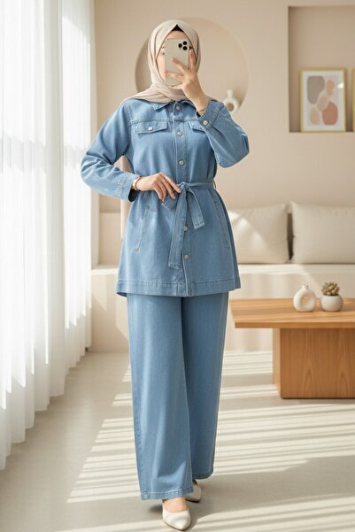 modasindoma Σετ τζιν με κουμπιά, ζώνη στη μέση και τσέπες