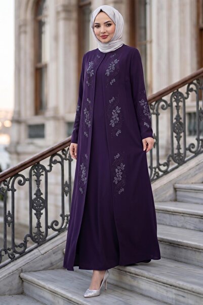 hafsamina Floral Stone Embroidered Stylish Hijab Mother Dress Purple Hm2905