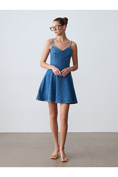 Dilvin 90578 Μίνι φόρεμα από τζιν με συνδυασμό λυοσέλ-Μπλε