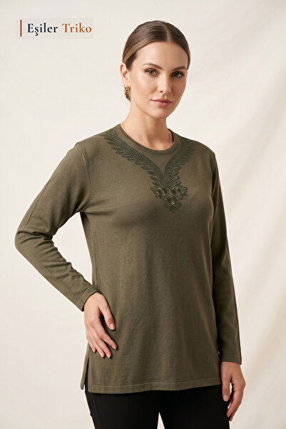 Eşiler Triko Women's Khaki Three Rose Pattern Collar, Chest Embroidered, Ston...