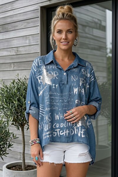 Chiccy Ιταλικό μπλε πουκάμισο με γιακά, μανίκι 3/4, λεπτομέρεια από πούλιες, ...