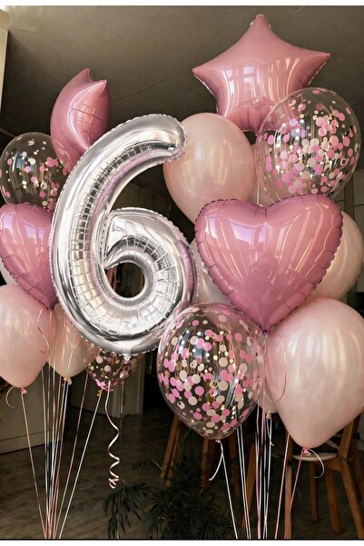 SİNDA 6 YAŞ DOĞUM GÜNÜ PARTİSİ SETİ FOLYO BALON - KALP, YILDIZ FOLYO BALON KO...