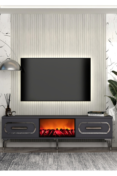 DEMONTE DECOR TV0071-TXA150DD-128 ŞÖMİNELİ TV SEHPASI ANTRASİT-GÜMÜŞ