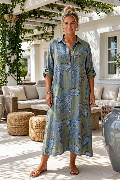 Chiccy Ιταλικό Χακί Πουκάμισο με Γιακά, Μανίκι 3/4, Σχέδιο Σάλι, Κουμπιά, Λιν...