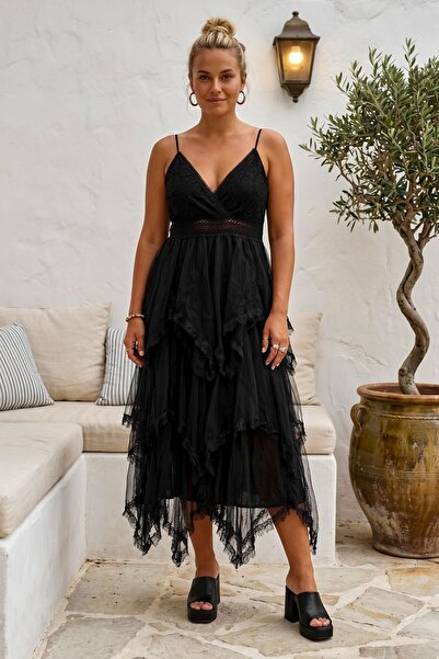 Chiccy Ιταλικό μαύρο φόρεμα με διπλό στράπλες γιακά, με επένδυση από τούλι, ρ...