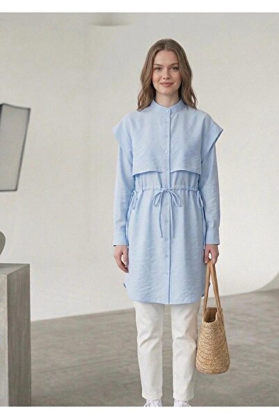 MOODAY Dökümlü Kumaş Yazlık Tunik Mavi
