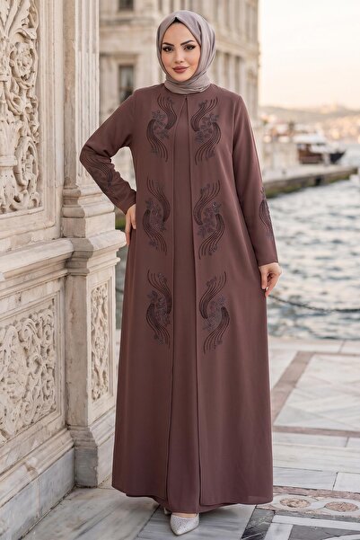 hafsamina Floral Stone Embroidered Stylish Hijab Mother Dress Brown Hm2905