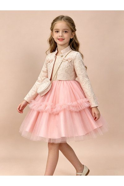 Greneric Pink Girl Princess Dress with Lace Jacket & Tulle Skirt