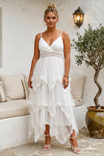 Chiccy Ιταλικό λευκό φόρεμα με διπλό στριφώματο, λουράκια στο λαιμό, φόδρα απ...
