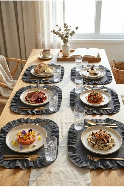 YUNUSOĞLU HOME Βαμβακερά τετράγωνα σουπλά με βολάν, Σετ 6 τεμαχίων, Αμερικάνι...