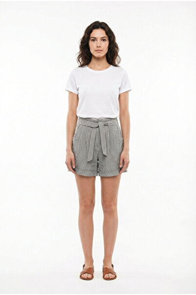 Eliş Şile Bezi Belek Διπλή Τσέπη Ριγέ Μουσελίνα Καλοκαιρινό Μίνι Σορτς Μαύρο Syh