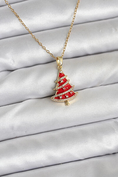 özssa 316L Steel Chain Gold Color Red Pine Tree Model Christmas Themed Women'...