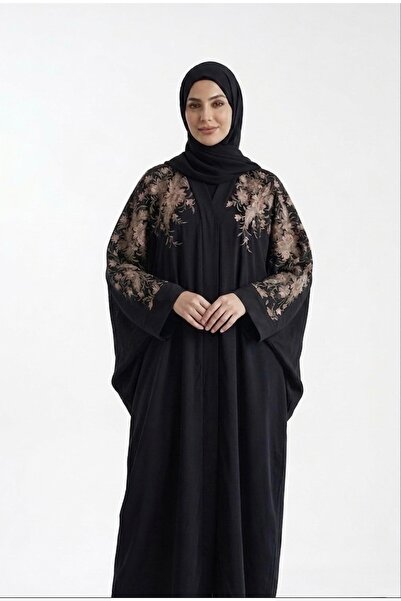Siyah Çiçek Nakış İşlemeli Yarasa Kol Başörtülü Abaya