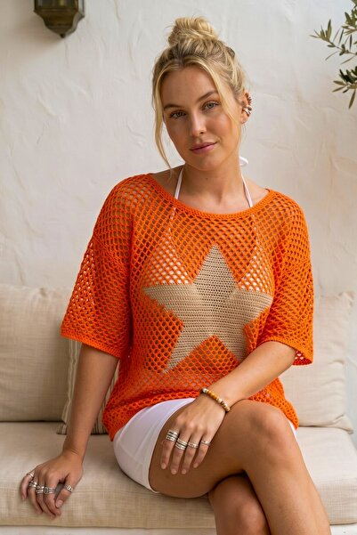 Chiccy Πορτοκαλί Πλεκτή Μπλούζα με Κοντό Μανίκι, Σχέδιο Αστεριών, Διχτυωτό, C...