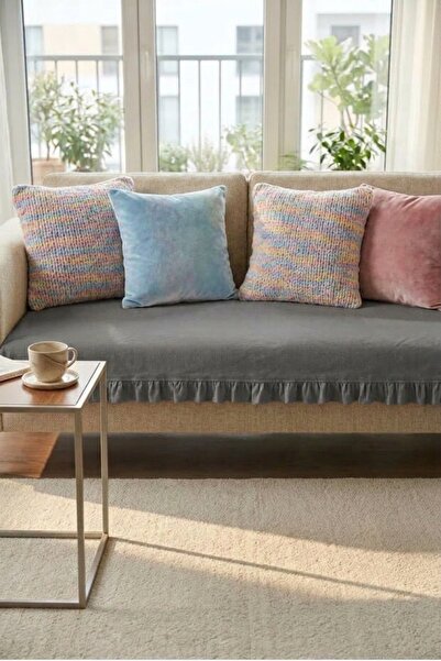 YUNUSOĞLU HOME Κάλυμμα καναπέ από λινό βαμβάκι με βολάν Γκρι 90x200 εκ. Κομψή...