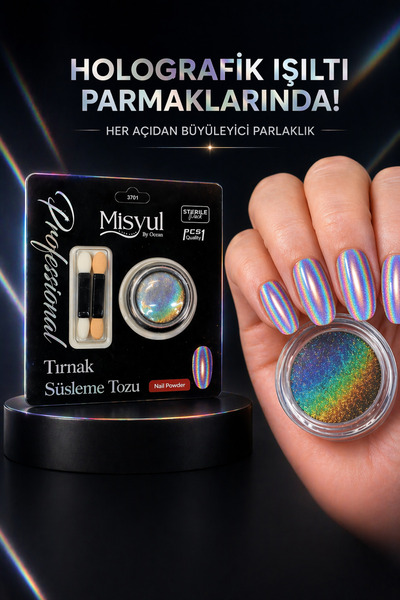 Misyul Gökkuşağı Holografik Tırnak Tozu Kalıcı Oje Üstü Parlak Efektli Nail A...
