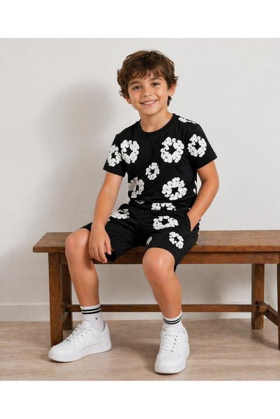 Yalçınoğlu Kids Unisex Embossed Printed Lycra Combed Cotton Shorts Set I 3-9 Years I Printed Detailed Lycra Combed Cotton Summer Set