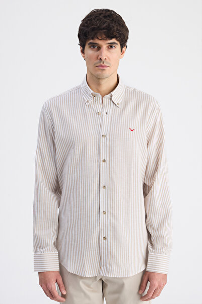 D'S Damat Πουκάμισο Ds Damat Comfort σε μπεζ χρώμα με ρίγες