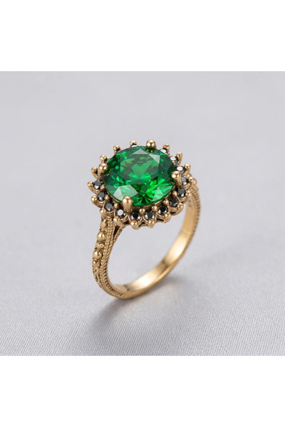 Dorvina Vintage Women's Ring Bronze Authentic Jewelry Green Crystal Stone Round Cut Crown Model Adjustable