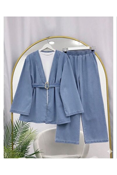 YILMAZBARMAZ Set kimono din denim cu curea pentru femei