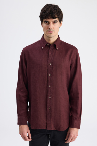 D'S Damat Πουκάμισο Ds Damat Comfort μπορντό απλό 100% λινό