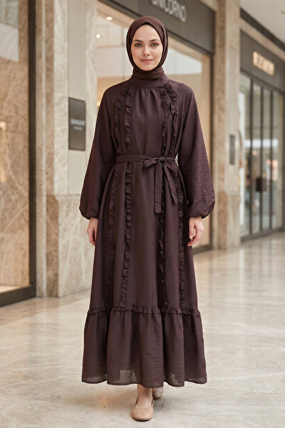 FERHEL Γυναικείο φόρεμα με βολάν, δεμένο στη μέση, με ελαστικά μανίκια και επ...