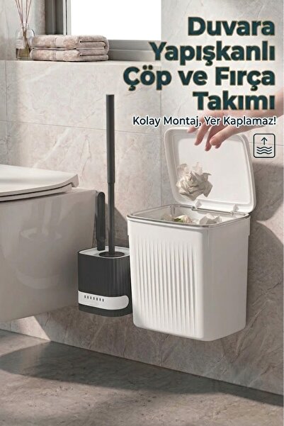 EFFE HOME Banyo Çöp Kovası ve Klozet Fırçası Duvara Yapıştırmalı Antrasit Fırça