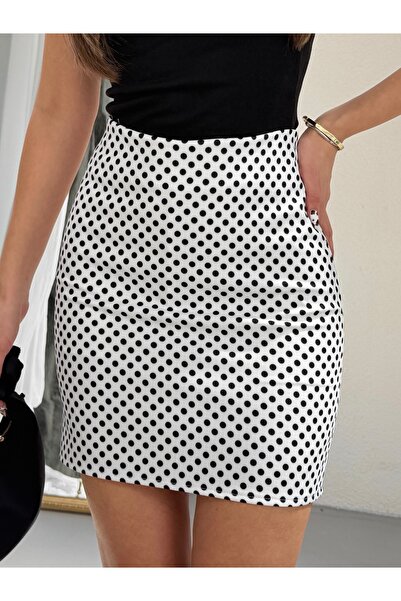 vipelmoda Kadın Polka Şortlu Astarlı Kahverengi Puantiye Dokuma Mini Etek