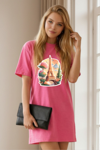 Pink Sky Γυναικείο μπλουζάκι με κοντό μανίκι και λαιμόκοψη, μεγάλο μέγεθος, ν...