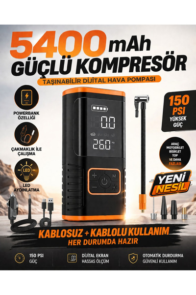 Kılıforyum 5400mAh 150 PSI Şarjlı Hava Kompresörü & Powerbank | Dijital Göste...