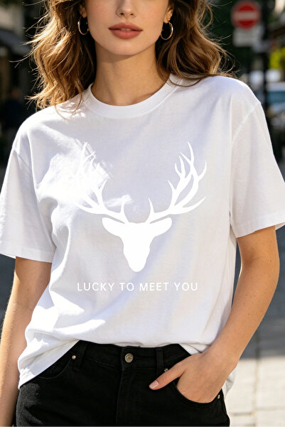 Fleck Womens T Shirts Deer Head Lucky To Meet You Casual Graphic Print Loose ...
