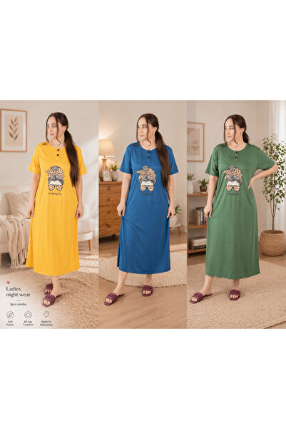 LINELLE Printed Nightwear Maxi Dress 3 Pcs Combo Set, Blue, Yellow and Green